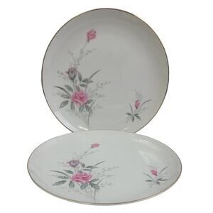 2 Vintage Golden Rose Flower Gold Rim Fine China Japan Large Dinner Plates
